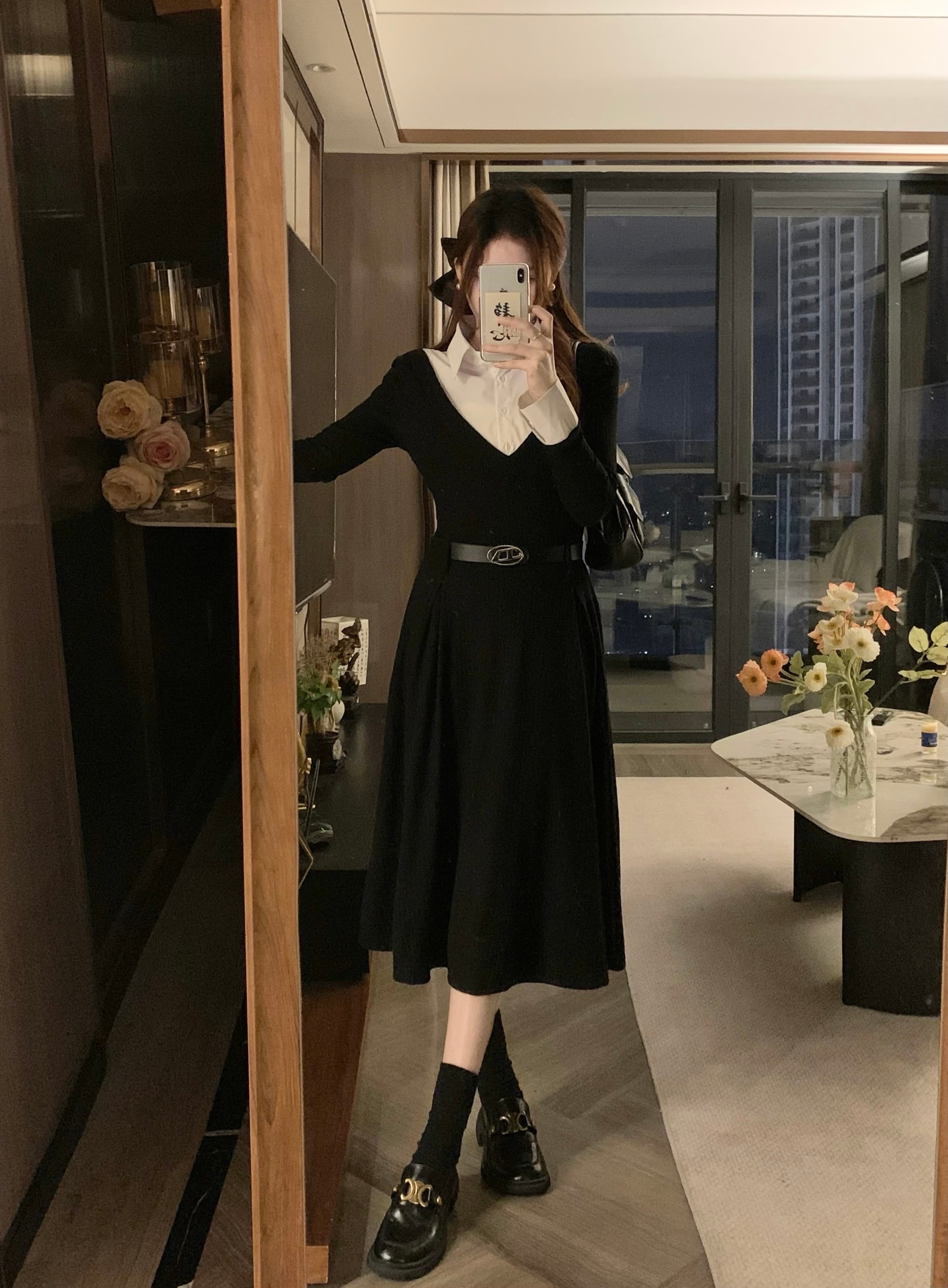 실사 빅 사이즈 새로운 검정색 긴팔 페이크 레이어드 여성 드레스 허리 수축 슬림해 보이는 드레스 보내기 벨트 상세 이미지 21