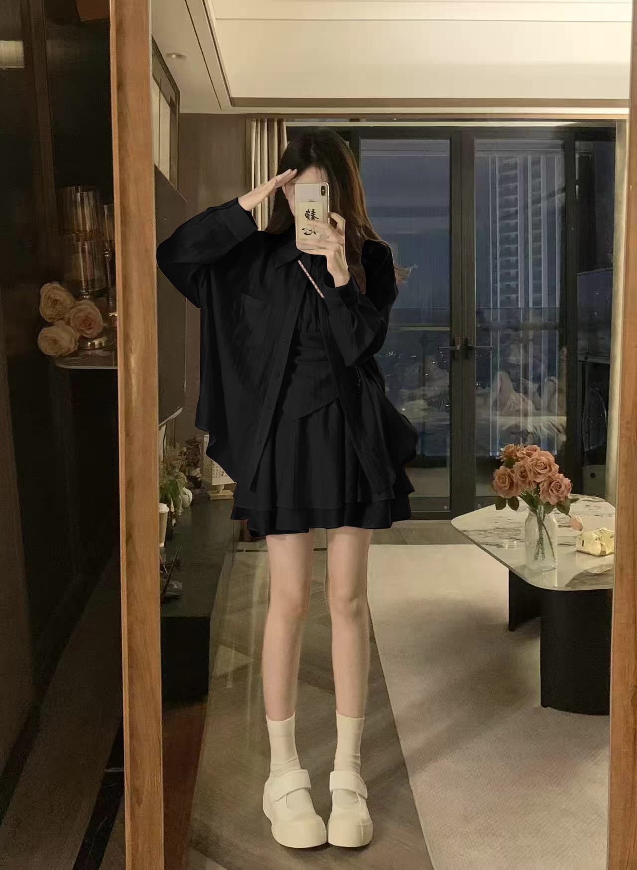 실사 한 부서 자외선 차단 빅 사이즈 캐주얼 캐미솔 셔츠 루즈핏 슬림해 보이는 치마 3종 세트 이미지 3