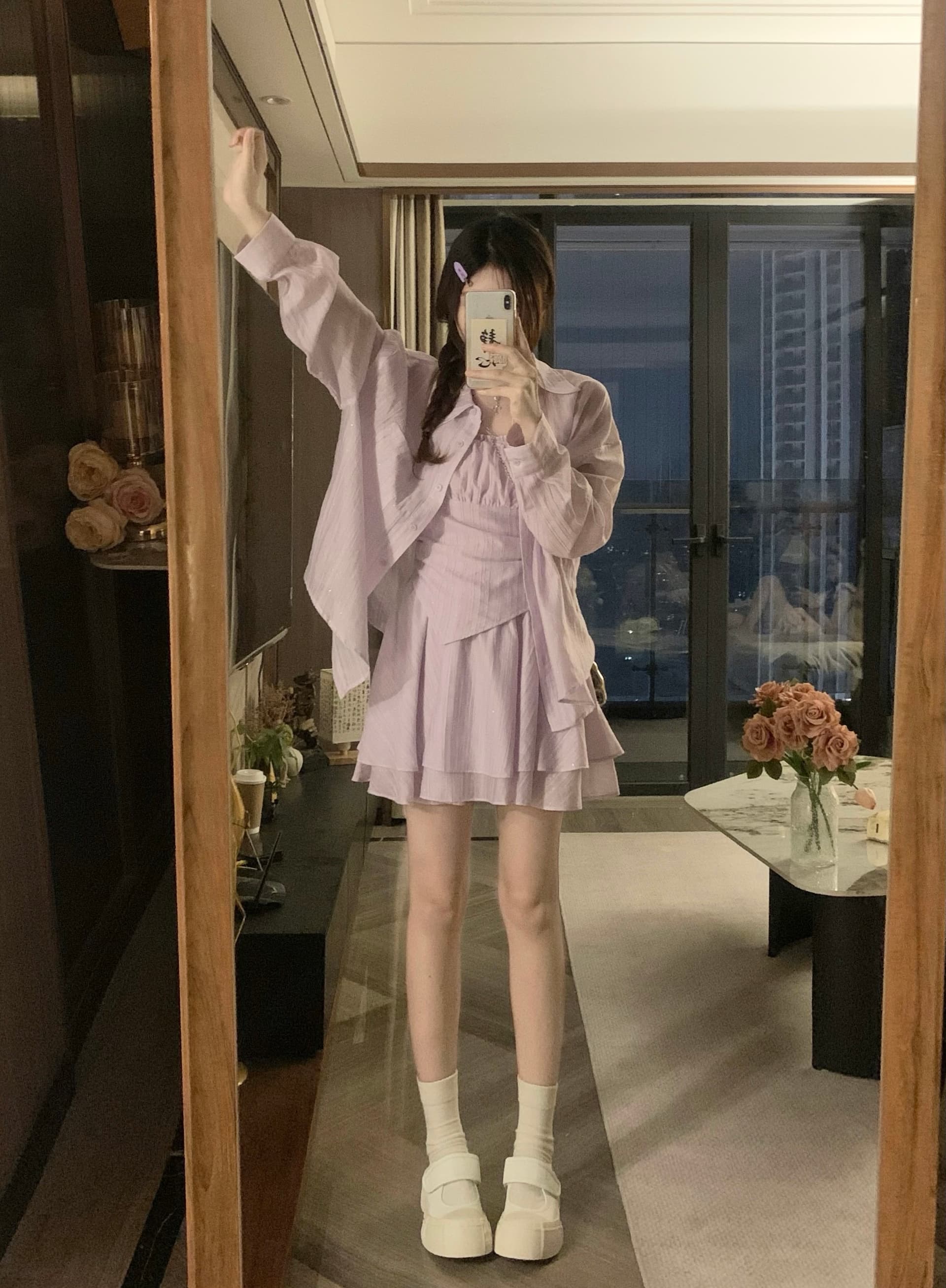 실사 한 부서 자외선 차단 빅 사이즈 캐주얼 캐미솔 셔츠 루즈핏 슬림해 보이는 치마 3종 세트 상세 이미지 3