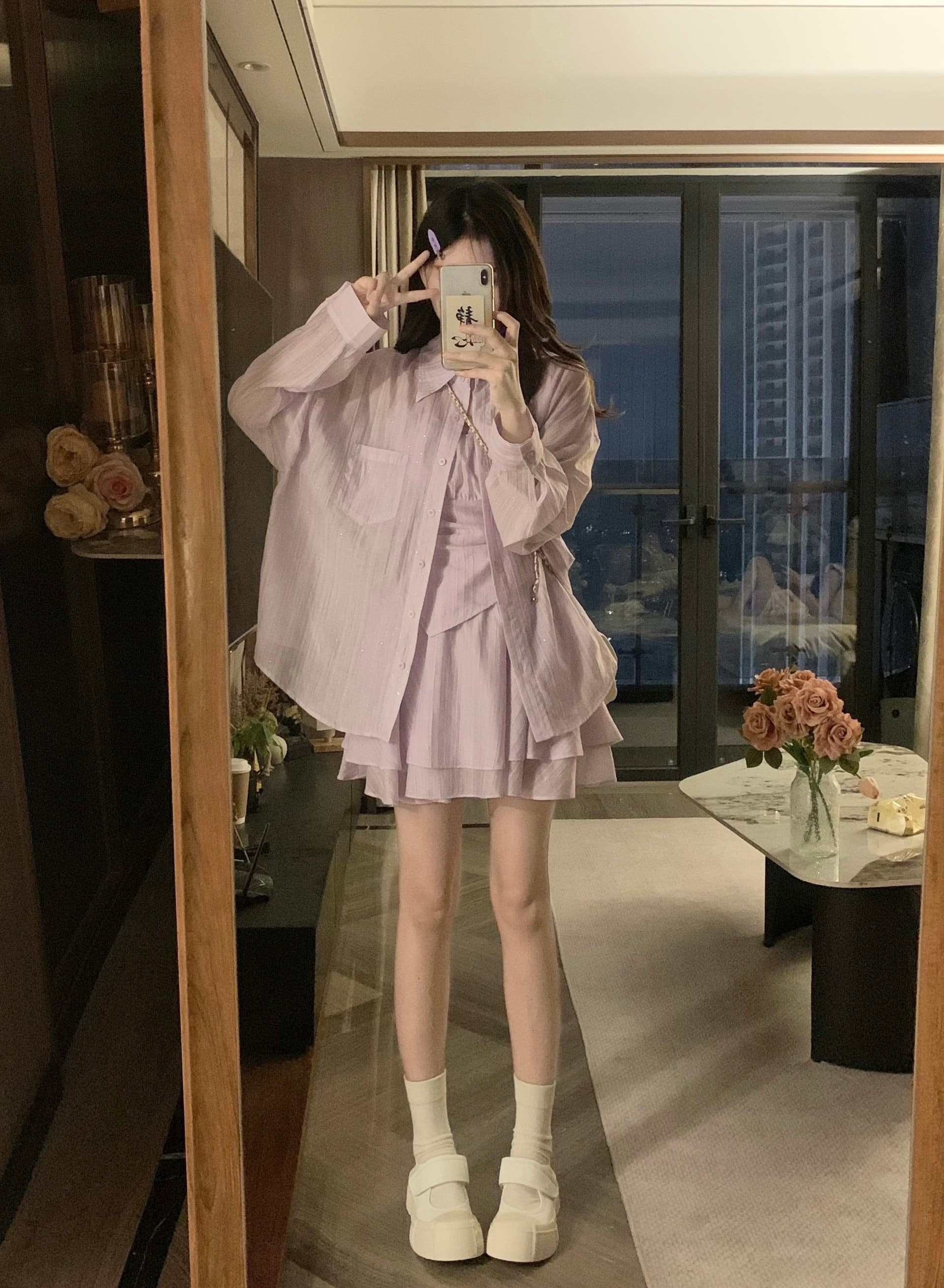 실사 한 부서 자외선 차단 빅 사이즈 캐주얼 캐미솔 셔츠 루즈핏 슬림해 보이는 치마 3종 세트 상세 이미지 7