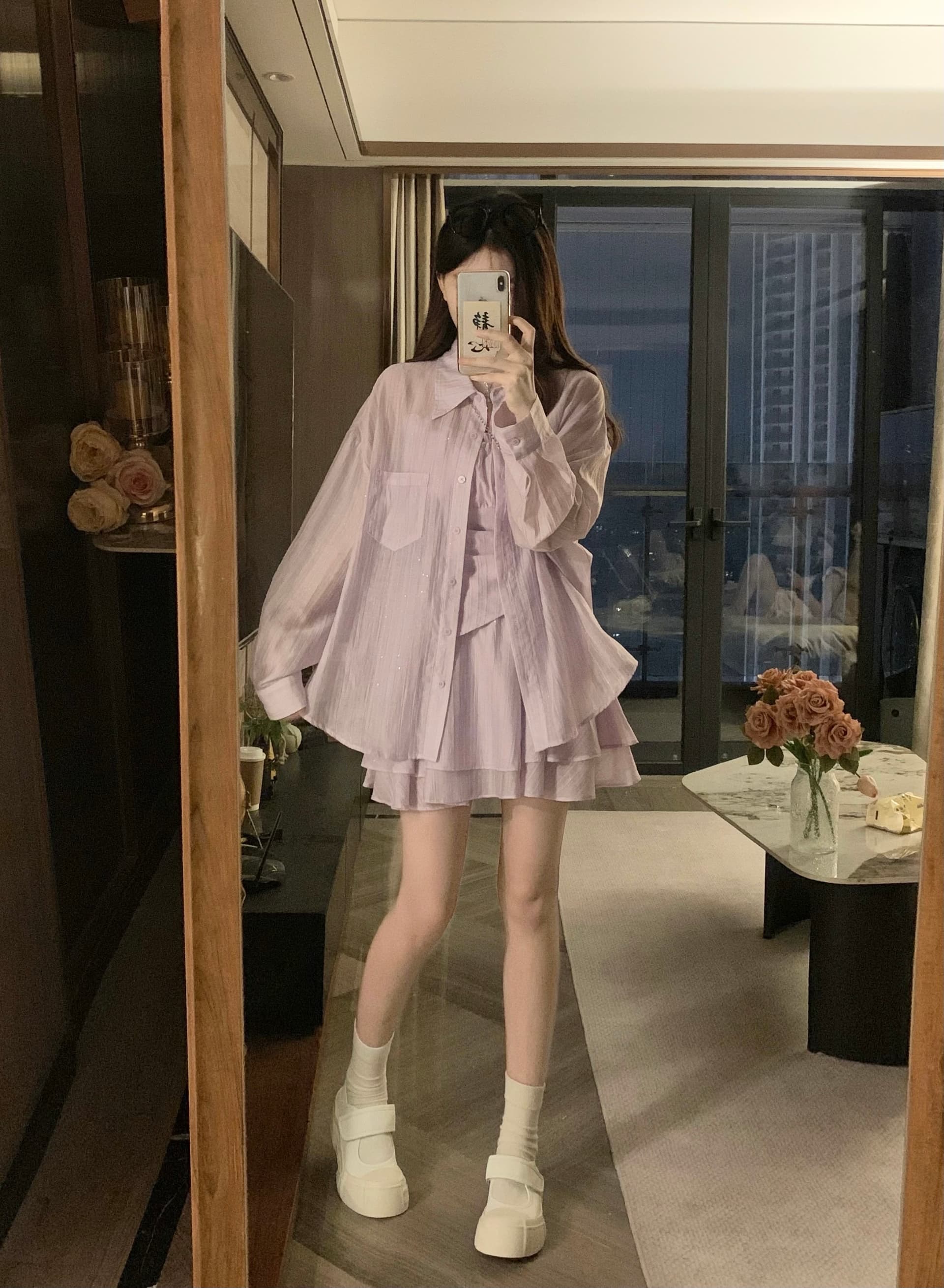 실사 한 부서 자외선 차단 빅 사이즈 캐주얼 캐미솔 셔츠 루즈핏 슬림해 보이는 치마 3종 세트 상세 이미지 11