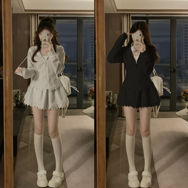 실사 빅 사이즈 새로운 한 부서 패치워크 레이스 허리 수축 후드 티 스웨터 재킷 반신 스커트 투피스 세트