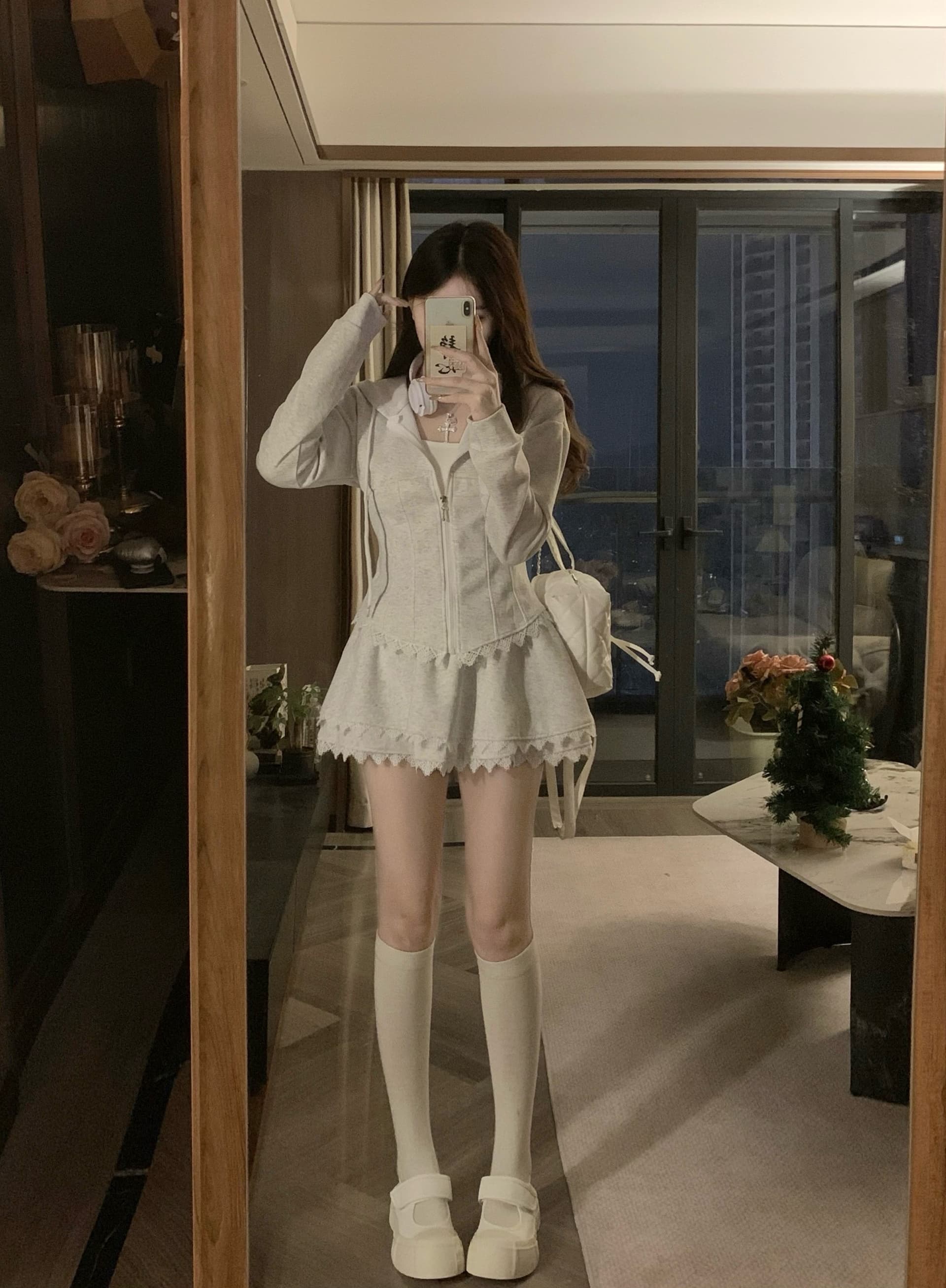 실사 빅 사이즈 새로운 한 부서 패치워크 레이스 허리 수축 후드 티 스웨터 재킷 반신 스커트 투피스 세트 상세 이미지 3