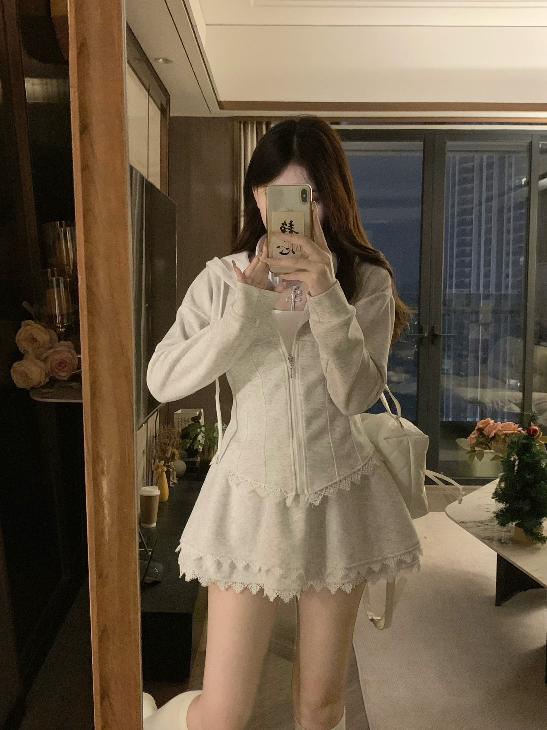 실사 빅 사이즈 새로운 한 부서 패치워크 레이스 허리 수축 후드 티 스웨터 재킷 반신 스커트 투피스 세트 상세 이미지 11