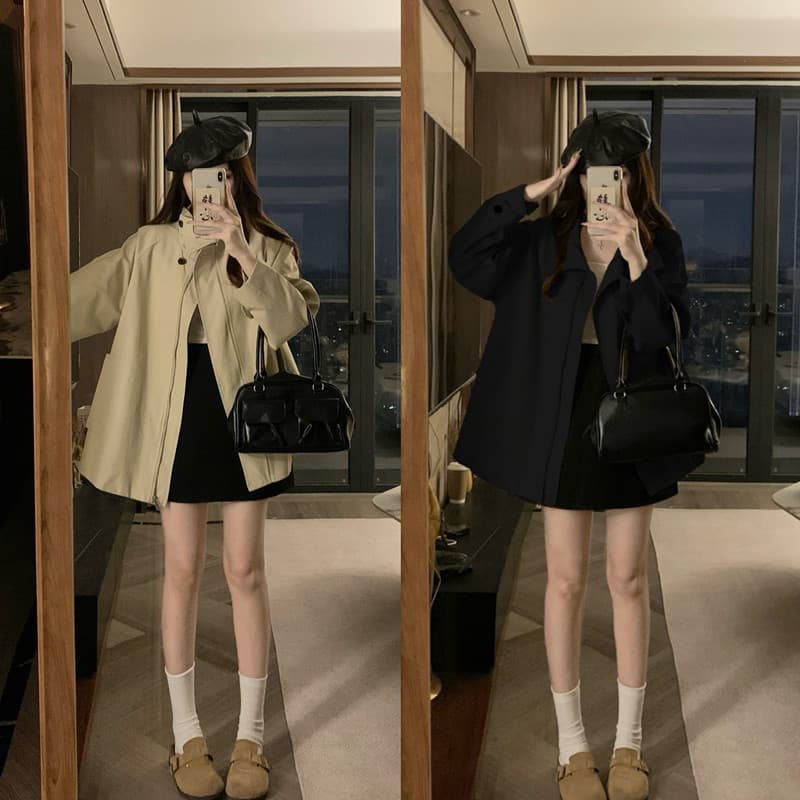 실사 빅 사이즈 한국 chic 가을 새로운 레트로 영국식 바람 스탠드 칼라 루즈핏 긴팔 재킷 재킷 상세 이미지 1