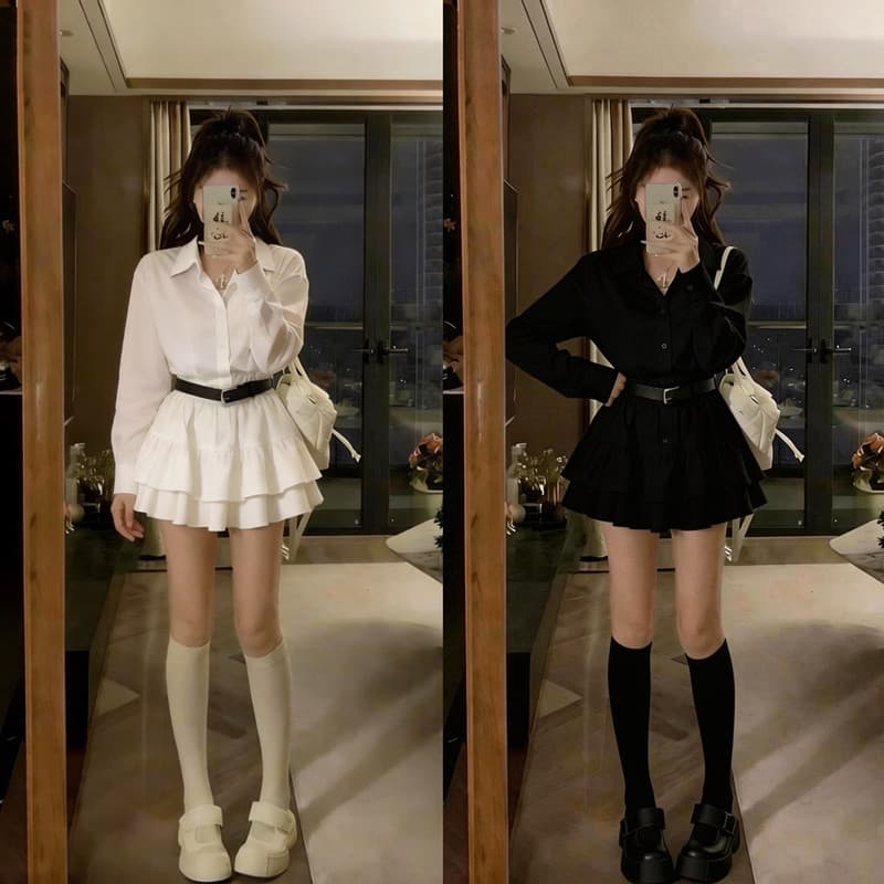 실사 빅 사이즈 한 부서 POLO 칼라 셔츠 허리 수축 드레스 안전 반바지 벨트 보내기