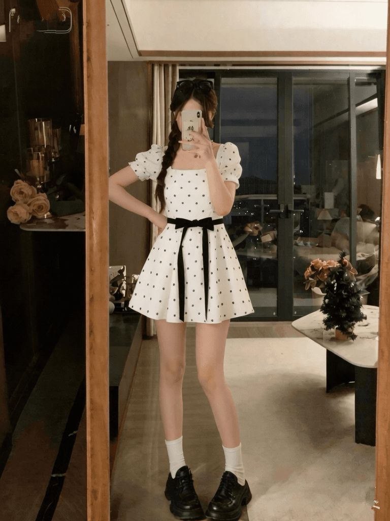 실사 빅 사이즈 프랑스식 첫사랑 부드러운 바람 캄파넬라 세과 광장 칼라 도트 무늬 드레스 레트로 품격 슬림해 보이는 이미지 3