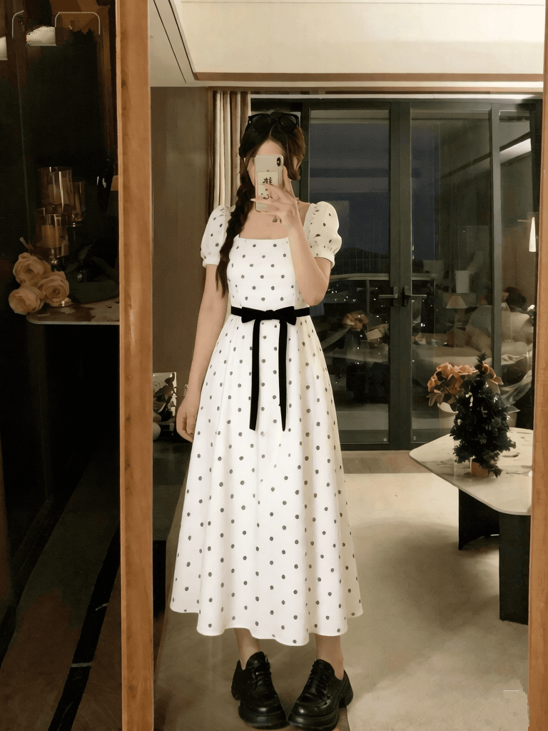 실사 빅 사이즈 프랑스식 첫사랑 부드러운 바람 캄파넬라 세과 광장 칼라 도트 무늬 드레스 레트로 품격 슬림해 보이는 이미지 4