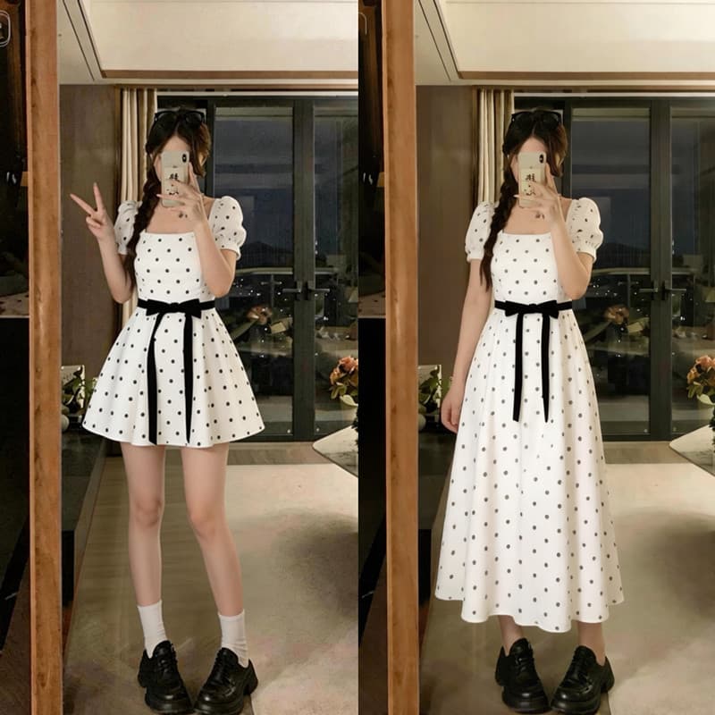 실사 빅 사이즈 프랑스식 첫사랑 부드러운 바람 캄파넬라 세과 광장 칼라 도트 무늬 드레스 레트로 품격 슬림해 보이는 상세 이미지 1
