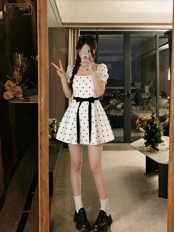 실사 빅 사이즈 프랑스식 첫사랑 부드러운 바람 캄파넬라 세과 광장 칼라 도트 무늬 드레스 레트로 품격 슬림해 보이는 상세 이미지 4