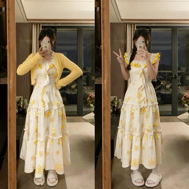 실사 빅 사이즈 주황색 맛 소다 달콤함 작은 날다 소매 3 차원 꽃잎 롱 코트 드레스 니트 외부 가져 가라.