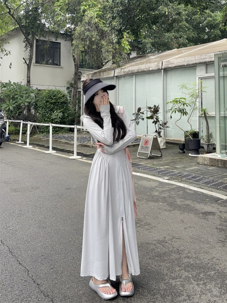 실사 빅 사이즈 upf50+ 품질 검사 보고서 새로운 중간 길이 몸 전체 자외선 차단 몸매 가꾸기 허리 수축 드레스 이미지 3