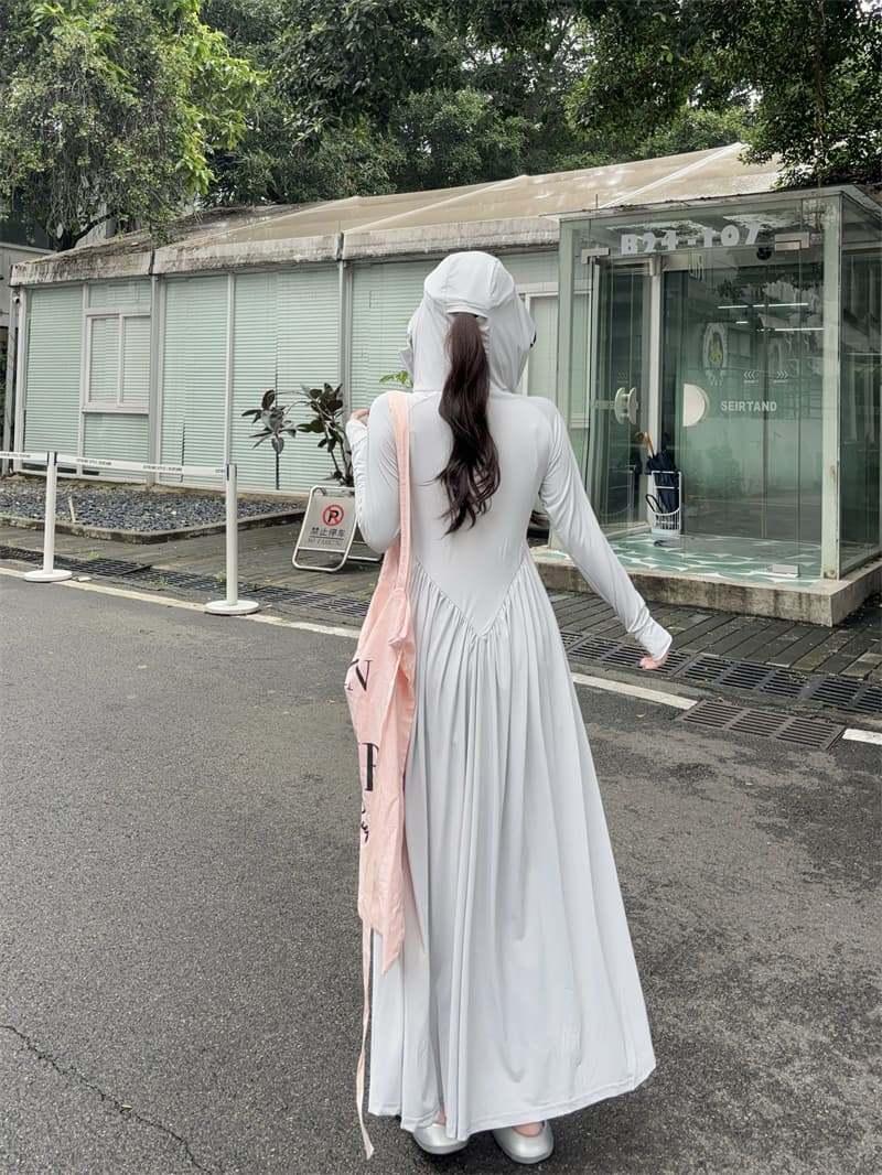 실사 빅 사이즈 upf50+ 품질 검사 보고서 새로운 중간 길이 몸 전체 자외선 차단 몸매 가꾸기 허리 수축 드레스 상세 이미지 17