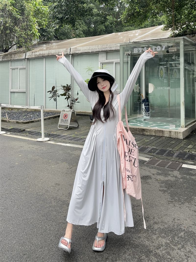 실사 빅 사이즈 upf50+ 품질 검사 보고서 새로운 중간 길이 몸 전체 자외선 차단 몸매 가꾸기 허리 수축 드레스 상세 이미지 18