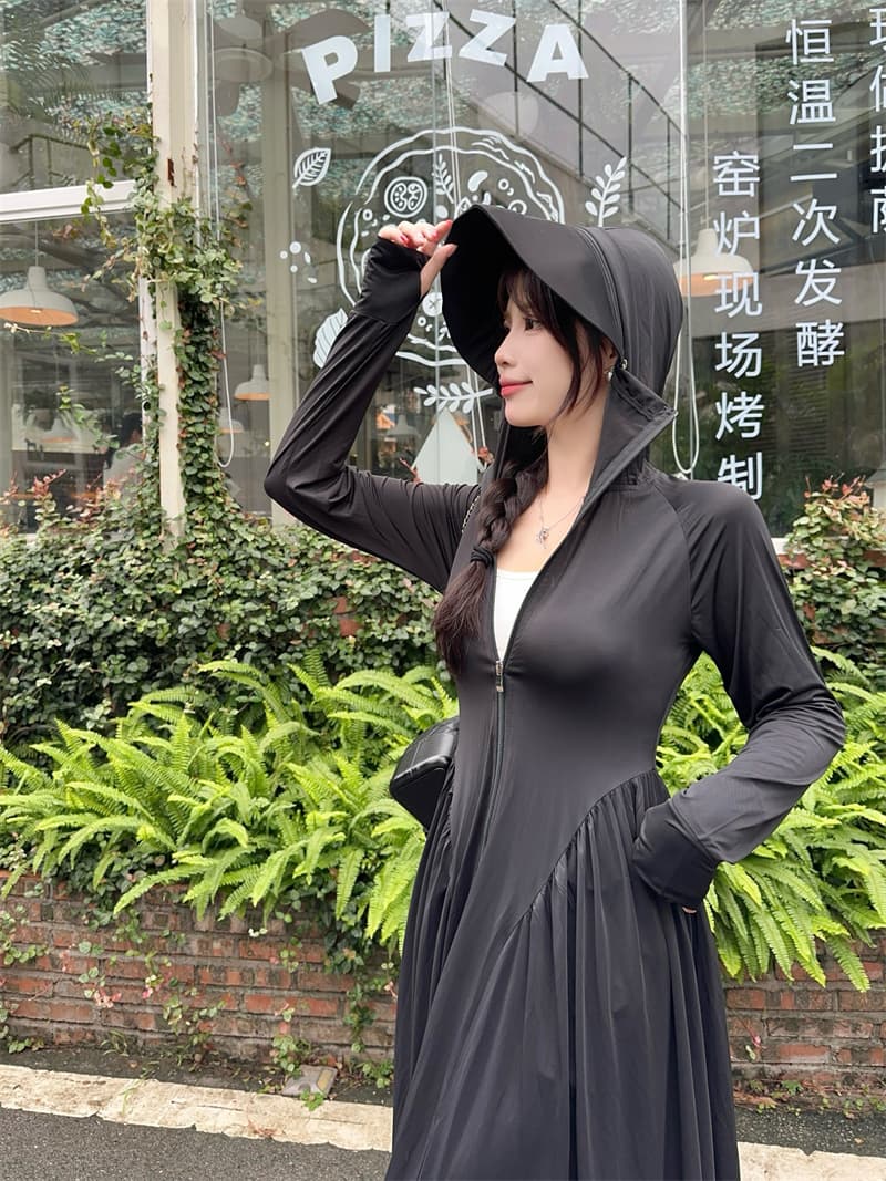 실사 빅 사이즈 upf50+ 품질 검사 보고서 새로운 중간 길이 몸 전체 자외선 차단 몸매 가꾸기 허리 수축 드레스 상세 이미지 28