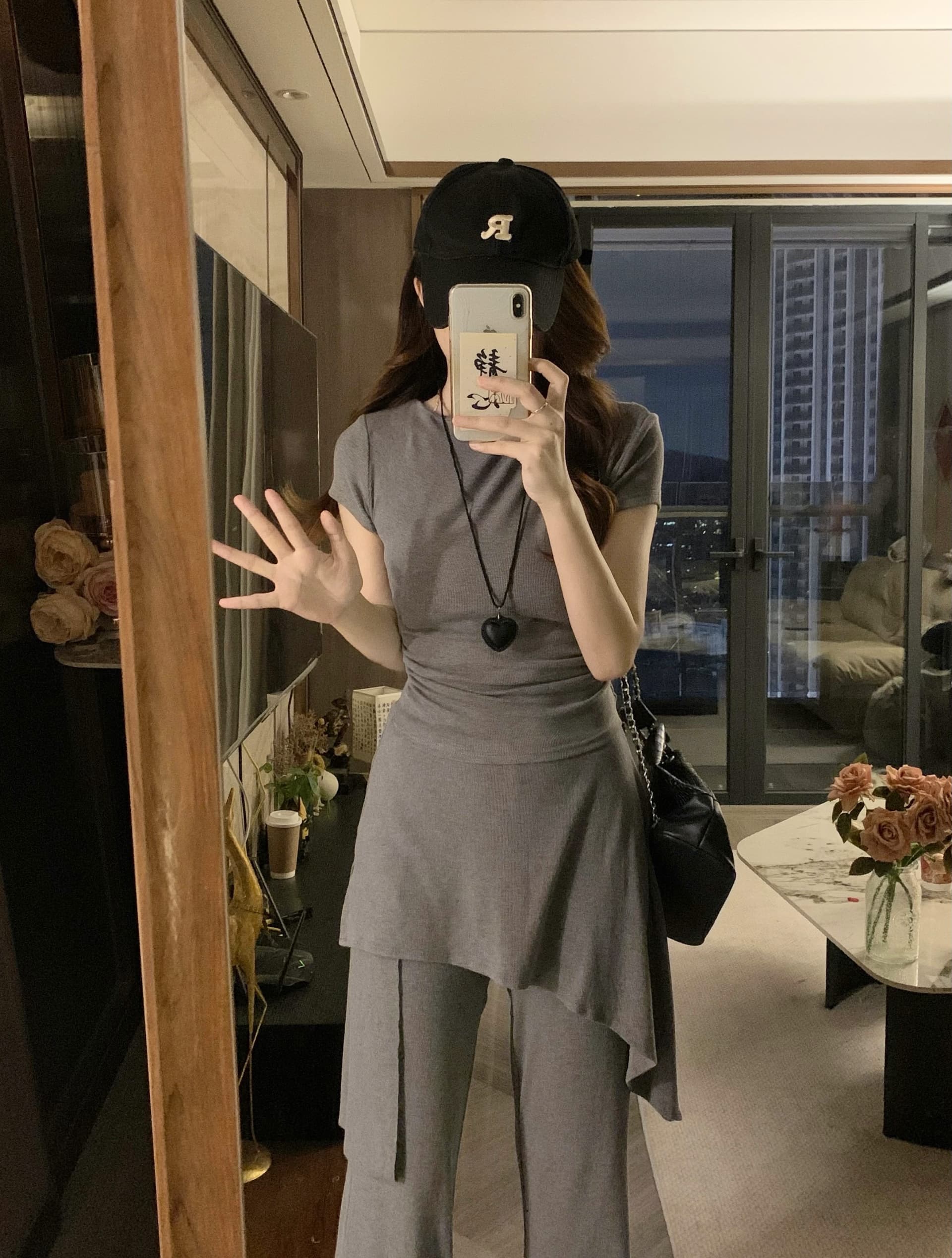 실사 빅 사이즈 패션 세트 타이트 허리 수축 맨위 여성 페이크 레이어드 캐주얼 바지 세트 상세 이미지 10
