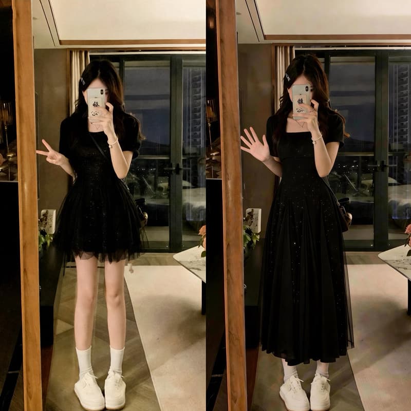 실사 빅 사이즈 그는 벤 바람 검정색 패션 빛 럭셔리 허리 수축 여성 패치워크 망사 드레스