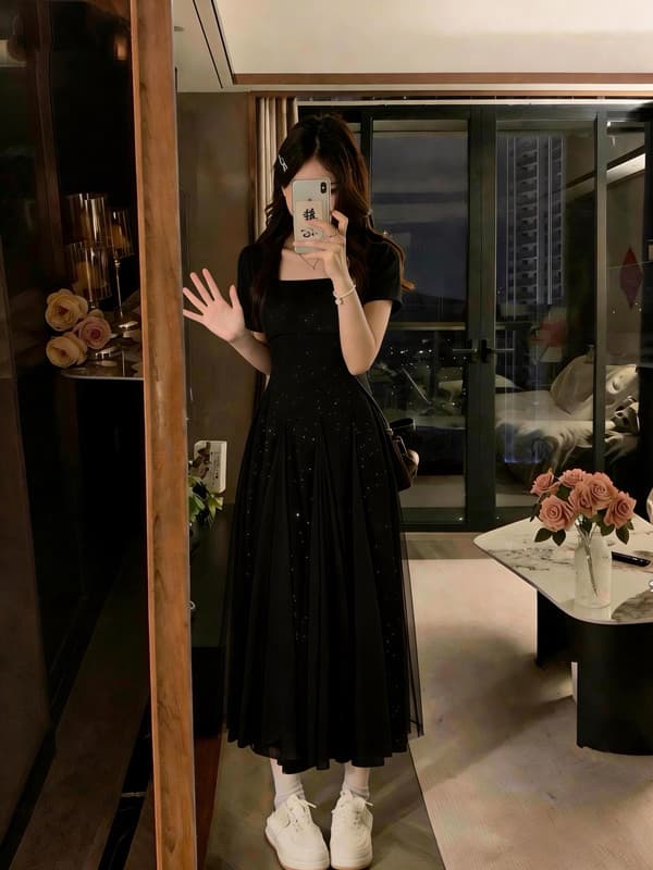 실사 빅 사이즈 그는 벤 바람 검정색 패션 빛 럭셔리 허리 수축 여성 패치워크 망사 드레스 이미지 4