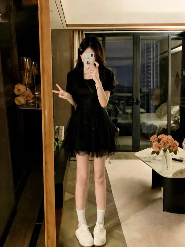 실사 빅 사이즈 그는 벤 바람 검정색 패션 빛 럭셔리 허리 수축 여성 패치워크 망사 드레스 상세 이미지 1