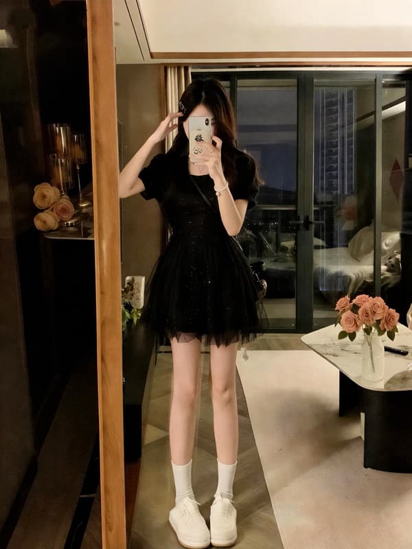 실사 빅 사이즈 그는 벤 바람 검정색 패션 빛 럭셔리 허리 수축 여성 패치워크 망사 드레스 상세 이미지 2
