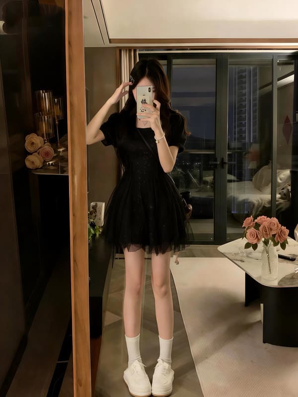실사 빅 사이즈 그는 벤 바람 검정색 패션 빛 럭셔리 허리 수축 여성 패치워크 망사 드레스 상세 이미지 4