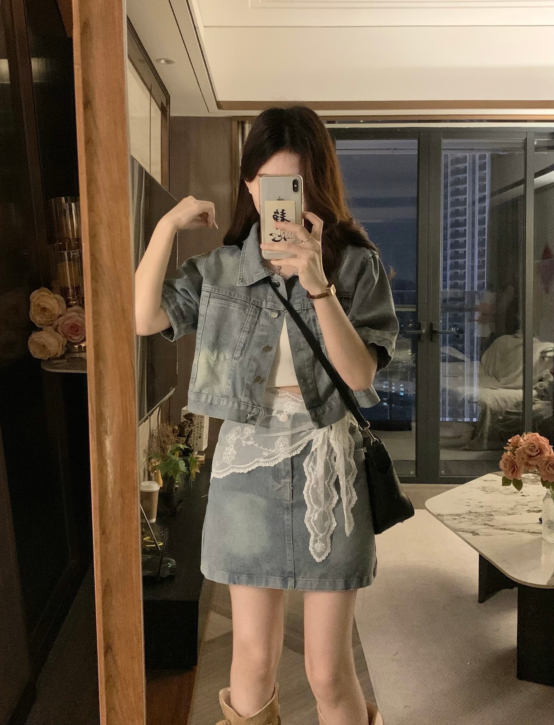 실사 빅 사이즈 데님 여름 반팔 폴로 칼라 재킷 하이웨이스트 반신 미니 스커트 레이스 3종 세트 이미지 3