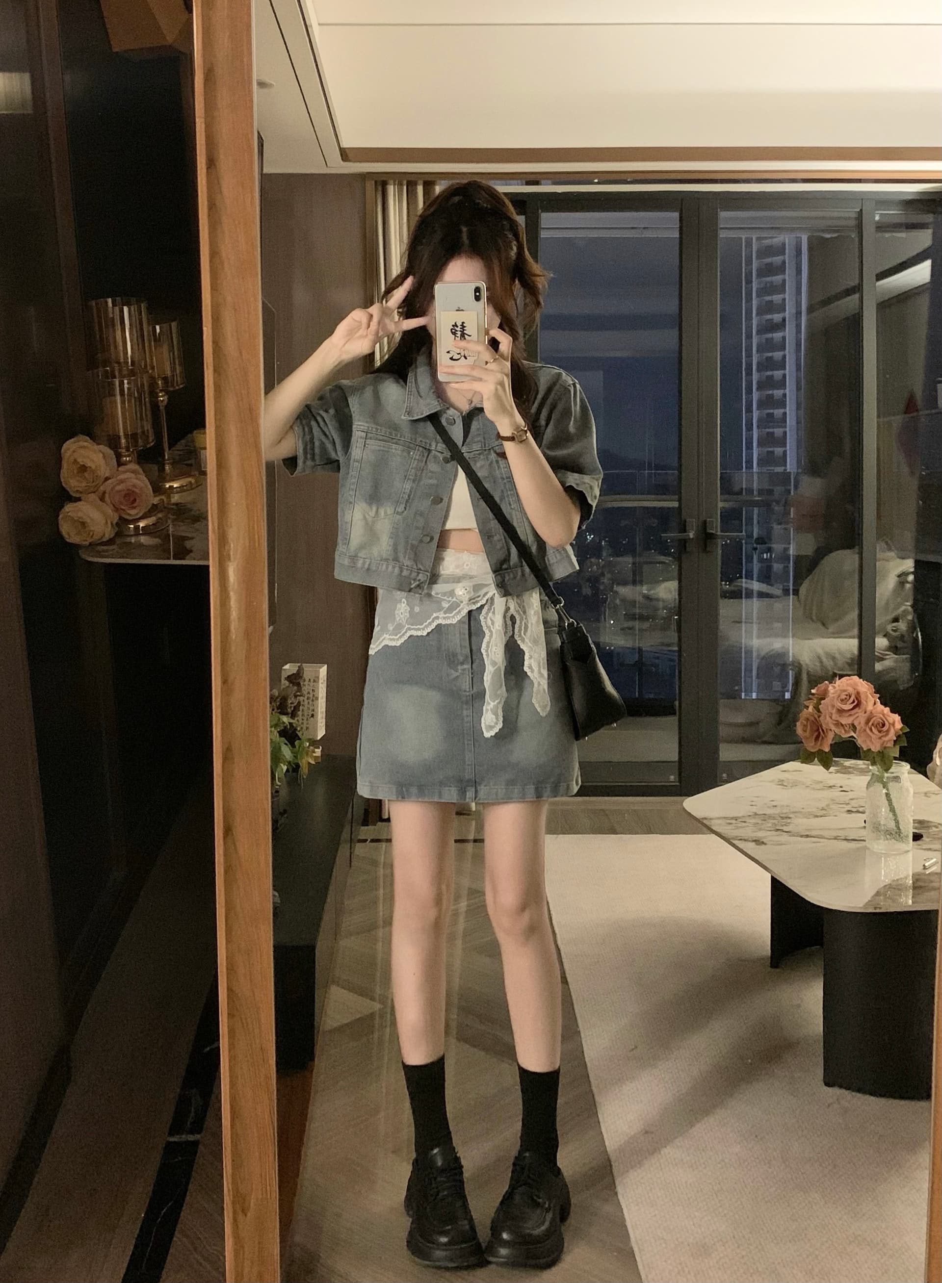 실사 빅 사이즈 데님 여름 반팔 폴로 칼라 재킷 하이웨이스트 반신 미니 스커트 레이스 3종 세트 이미지 4