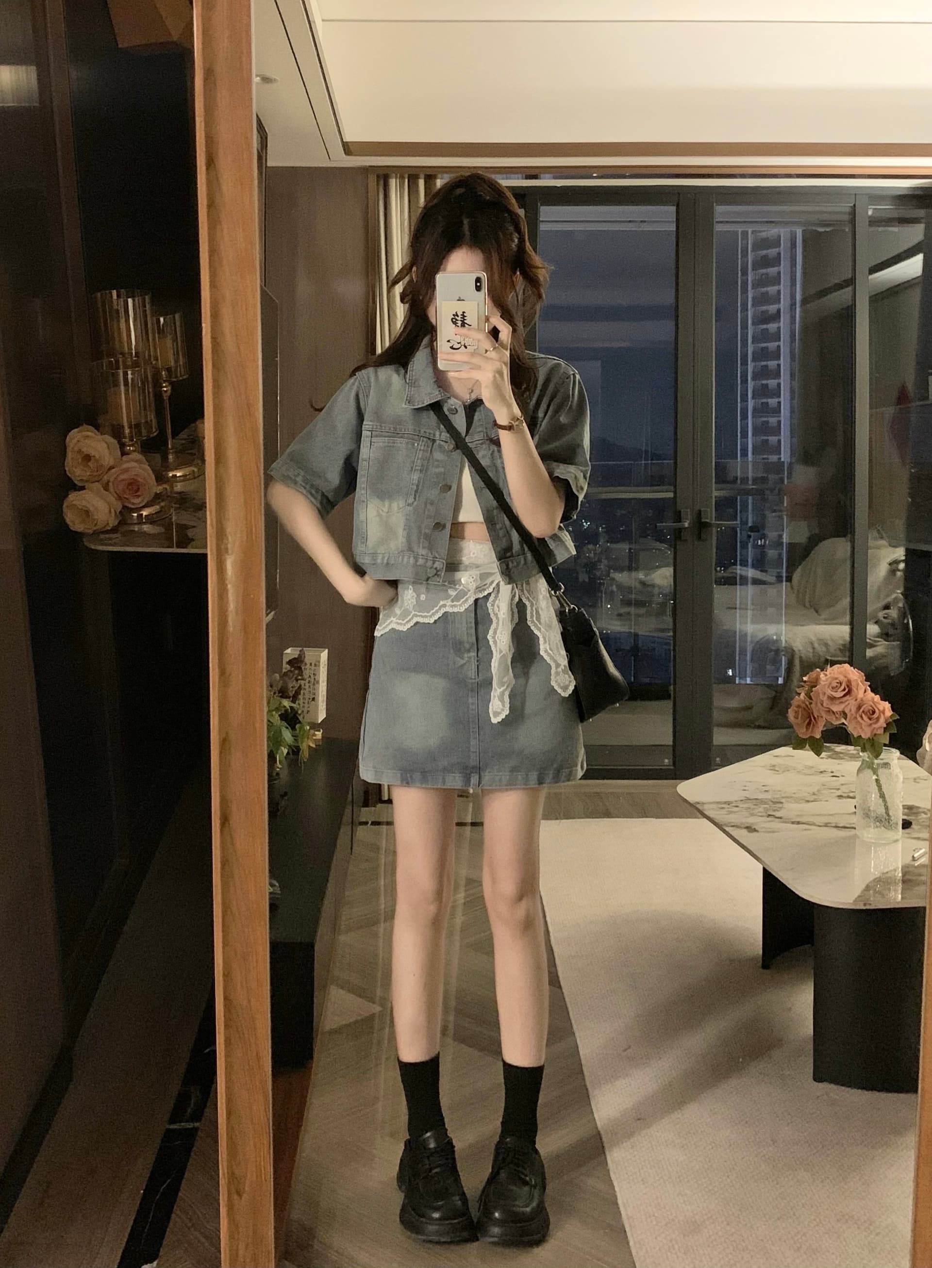 실사 빅 사이즈 데님 여름 반팔 폴로 칼라 재킷 하이웨이스트 반신 미니 스커트 레이스 3종 세트 상세 이미지 2