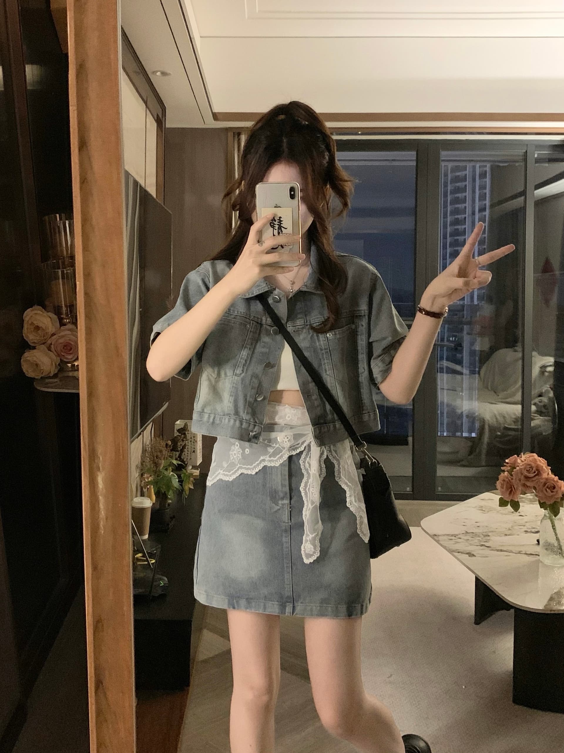 실사 빅 사이즈 데님 여름 반팔 폴로 칼라 재킷 하이웨이스트 반신 미니 스커트 레이스 3종 세트 상세 이미지 4