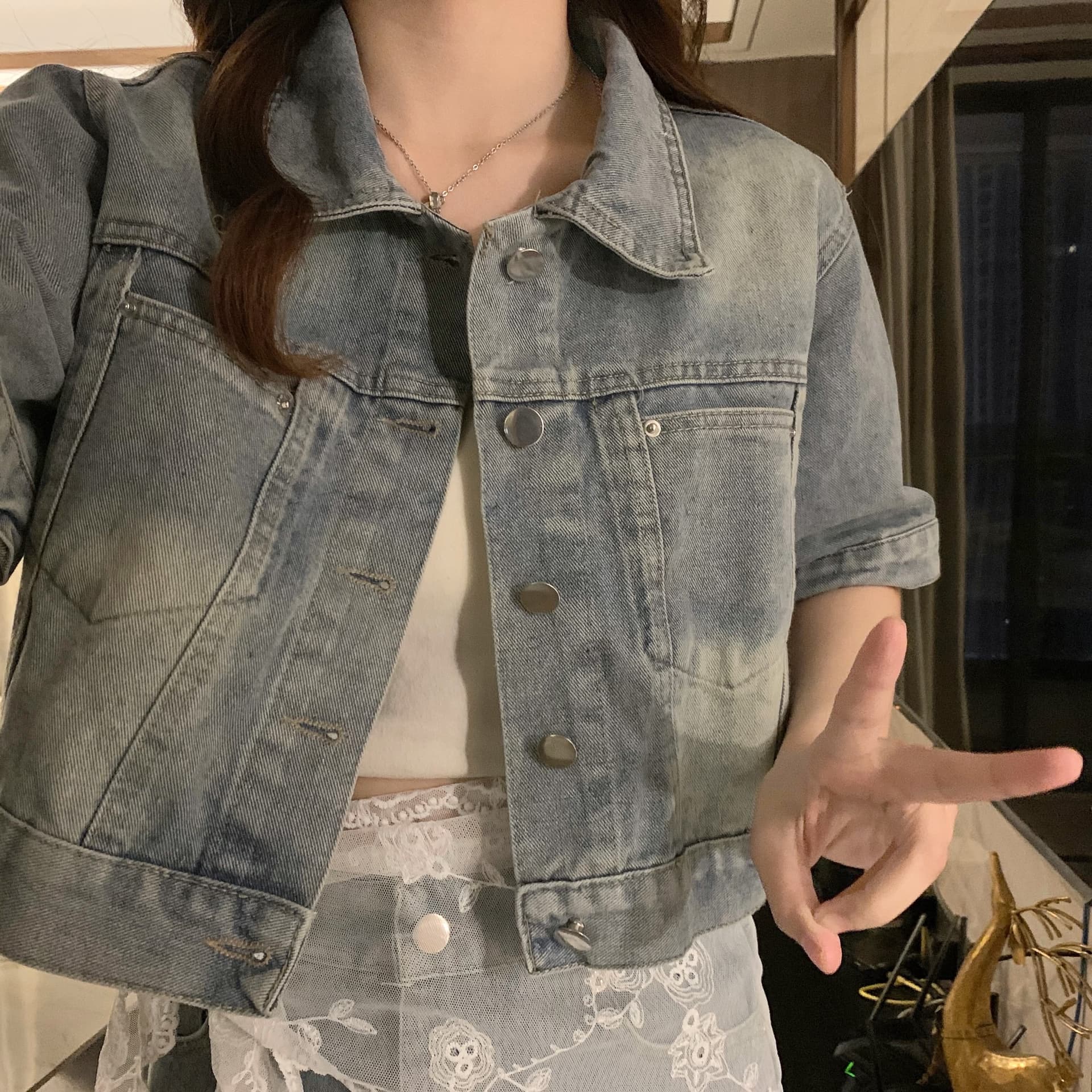 실사 빅 사이즈 데님 여름 반팔 폴로 칼라 재킷 하이웨이스트 반신 미니 스커트 레이스 3종 세트 상세 이미지 10