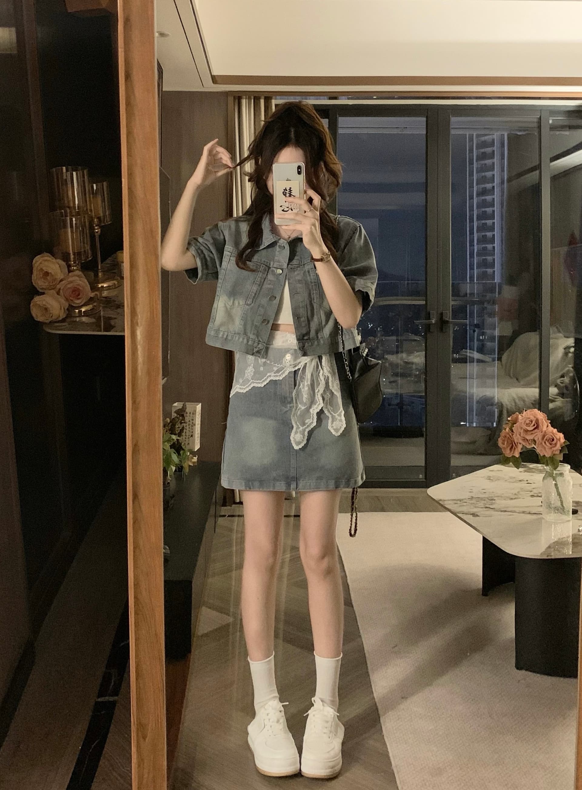 실사 빅 사이즈 데님 여름 반팔 폴로 칼라 재킷 하이웨이스트 반신 미니 스커트 레이스 3종 세트 상세 이미지 12