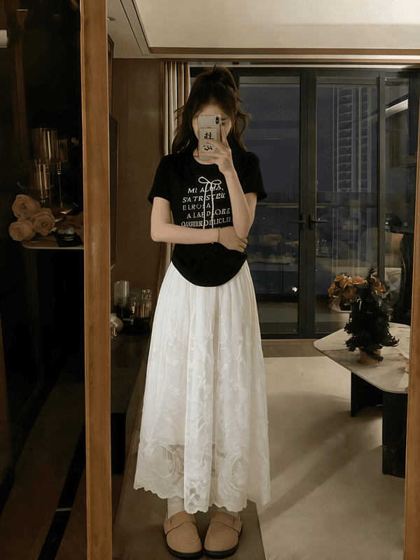 실사 빅 사이즈 나비 매듭 알파벳 프린트 반팔 티셔츠 레이스 반신 스커트 투피스 세트 상세 이미지 1