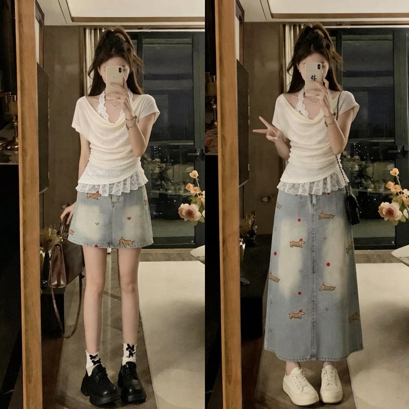 실사 빅 사이즈 지방 mm 순수한 욕망 바람 흔들다 칼라 티셔츠 레이스 행침 목 인사이드 가져 가라. 데님 반신 스커트 3종 세트