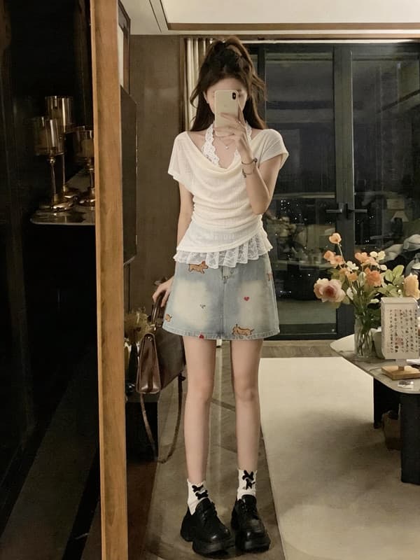 실사 빅 사이즈 지방 mm 순수한 욕망 바람 흔들다 칼라 티셔츠 레이스 행침 목 인사이드 가져 가라. 데님 반신 스커트 3종 세트 이미지 4
