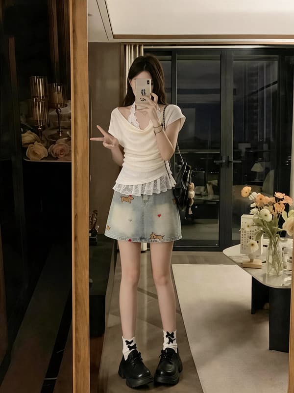 실사 빅 사이즈 지방 mm 순수한 욕망 바람 흔들다 칼라 티셔츠 레이스 행침 목 인사이드 가져 가라. 데님 반신 스커트 3종 세트 이미지 2