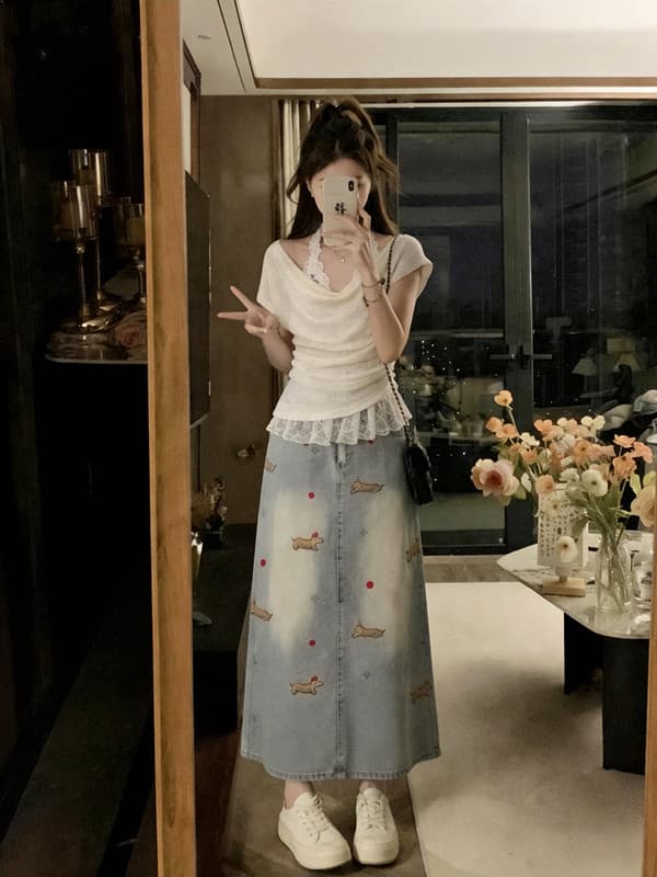 실사 빅 사이즈 지방 mm 순수한 욕망 바람 흔들다 칼라 티셔츠 레이스 행침 목 인사이드 가져 가라. 데님 반신 스커트 3종 세트 상세 이미지 3