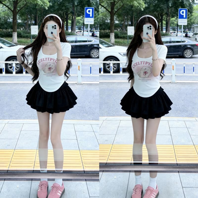 실사 빅 사이즈 달콤함 귀여운 고양이 프린트 프랑스식 광장 칼라 반팔 티셔츠 검정색 미니 스커트 투피스 세트