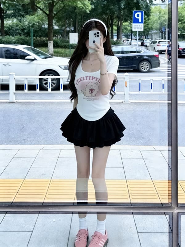 실사 빅 사이즈 달콤함 귀여운 고양이 프린트 프랑스식 광장 칼라 반팔 티셔츠 검정색 미니 스커트 투피스 세트 이미지 3