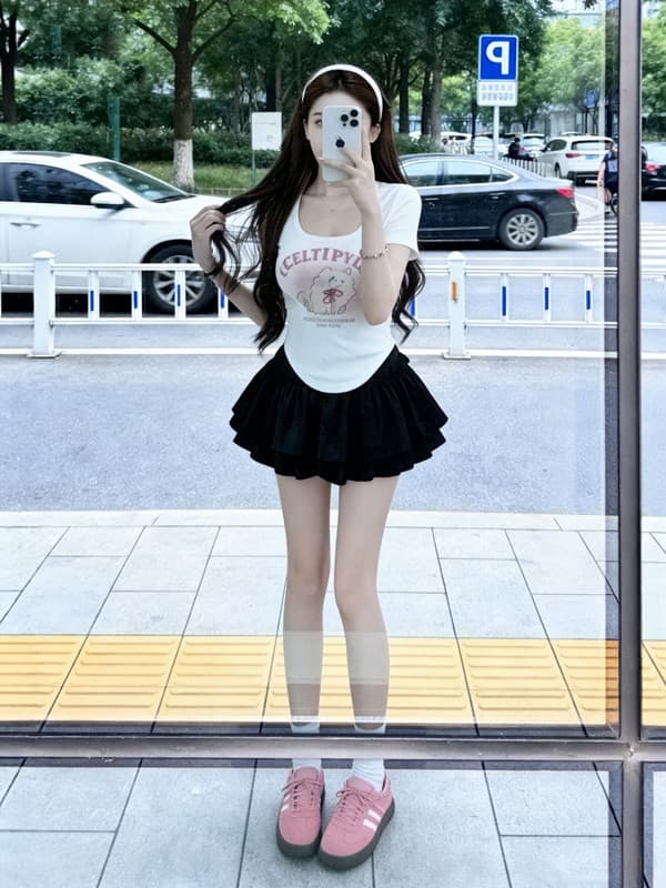 실사 빅 사이즈 달콤함 귀여운 고양이 프린트 프랑스식 광장 칼라 반팔 티셔츠 검정색 미니 스커트 투피스 세트 이미지 2