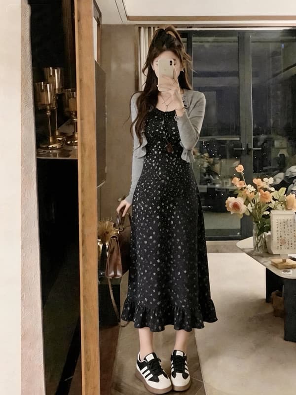 실사 빅 사이즈 새로운 순수한 욕망 바람 꽃무늬 니트 드레스 허리 수축 슬림해 보이는 슬립 드레스 숄 세트 상세 이미지 2