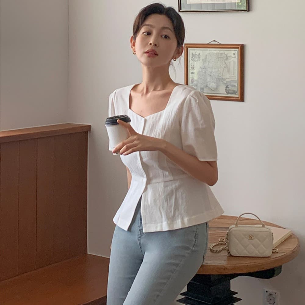 관대 한 칼라 디스플레이 가슴 허리 수축 아마 셔츠 맨위 여성 2026 아모이 작은 청신 미니멀리즘 반팔 면 린넨 셔츠 이미지 4