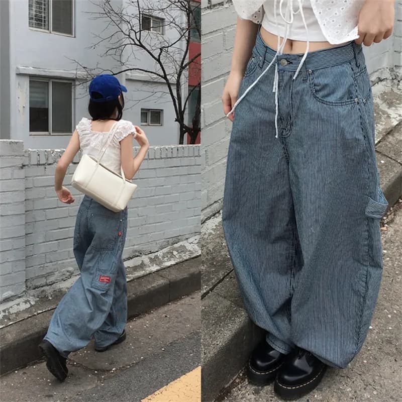 지금 루즈핏 얇은 스타일 스트라이프 아크 측면 풍선 바지 청바지 여성 이미지 2