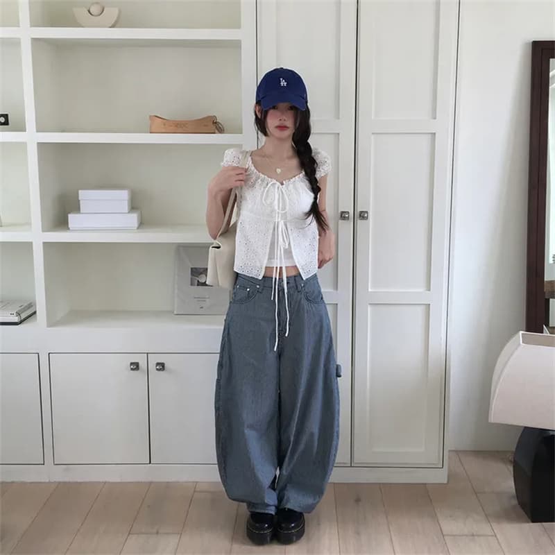 지금 루즈핏 얇은 스타일 스트라이프 아크 측면 풍선 바지 청바지 여성 상세 이미지 2