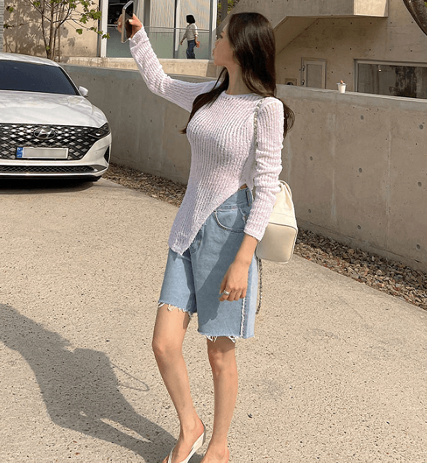 지금 워싱 블루 두 버클 측면 거친 가장자리 루즈핏 5 점 청바지 이미지 2