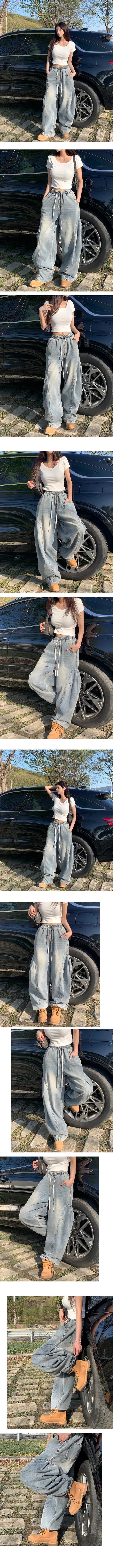 지금 허리밴드 루즈핏 레트로 워싱 개성 패치워크 워크웨어 바람 청바지 상세 이미지 4