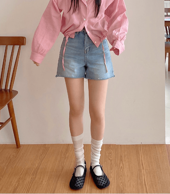 지금 스트레이트 팬츠 여름 인쇄 하트 데님 블루 반바지