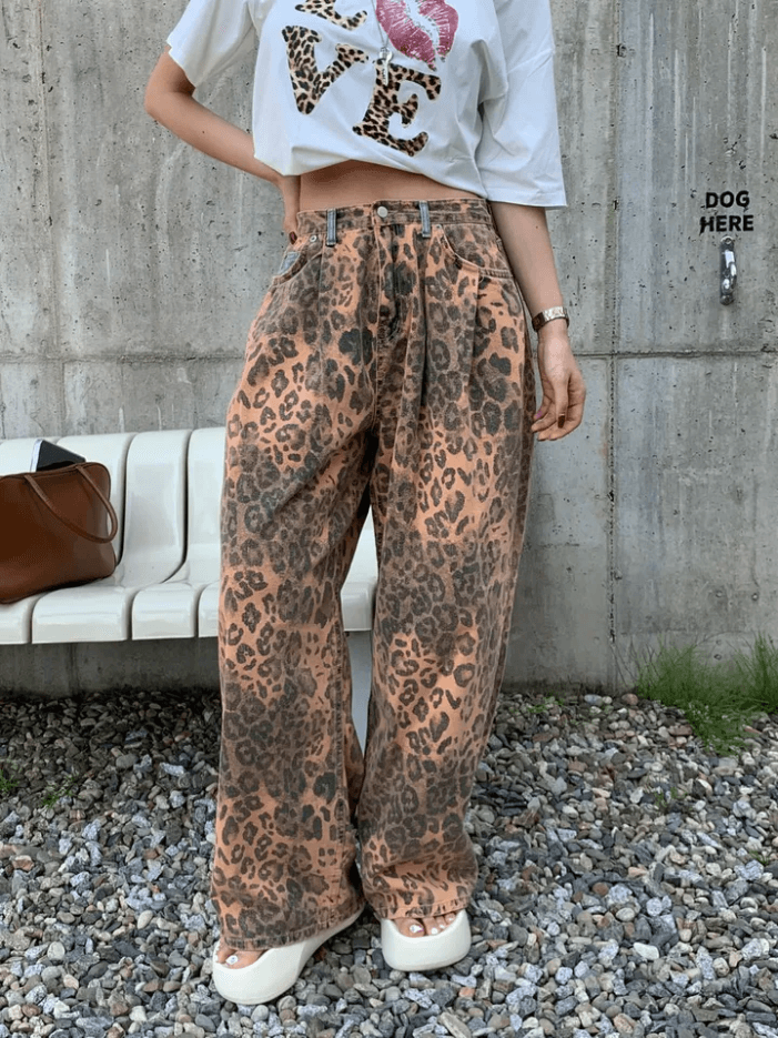 지금 가을 레오파드 무늬 데님 패치워크 부서 버클 다용도 패션 캐주얼 청바지