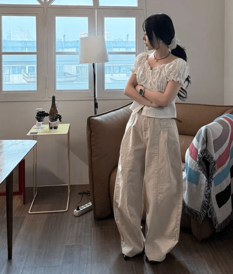 지금 단색 워싱 아크 주름 넓은 다리 청바지 상세 이미지 1