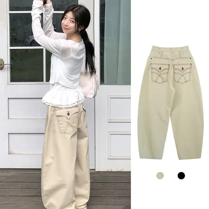 대 화물 선물 어둠 곡물 레트로 캐주얼 다용도 루즈핏 넓은 다리 워크웨어 팬츠 이미지 2