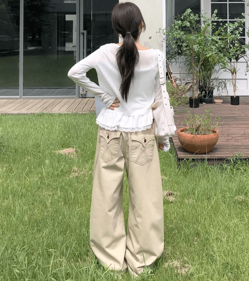 대 화물 선물 어둠 곡물 레트로 캐주얼 다용도 루즈핏 넓은 다리 워크웨어 팬츠 이미지 4